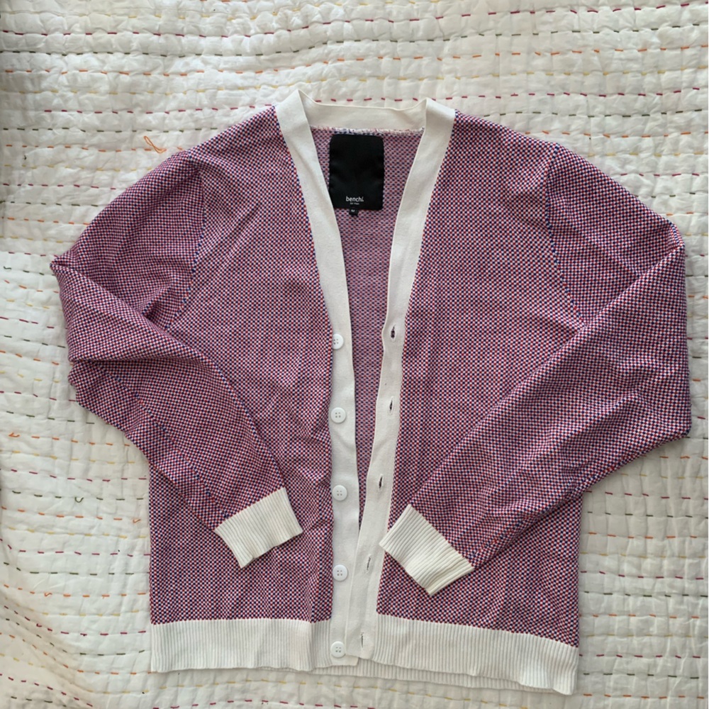 Bench knit cardigan red blue and white tight knit